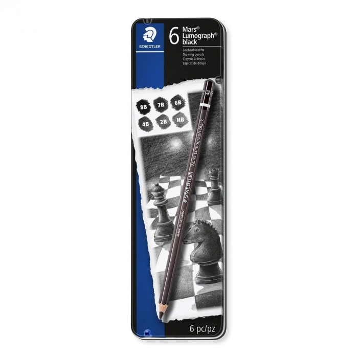 Staedtler Mars Lumograph Black Dereceli Kalem Karakalem Eskiz Çizim Seti 6lı Metal Kutu