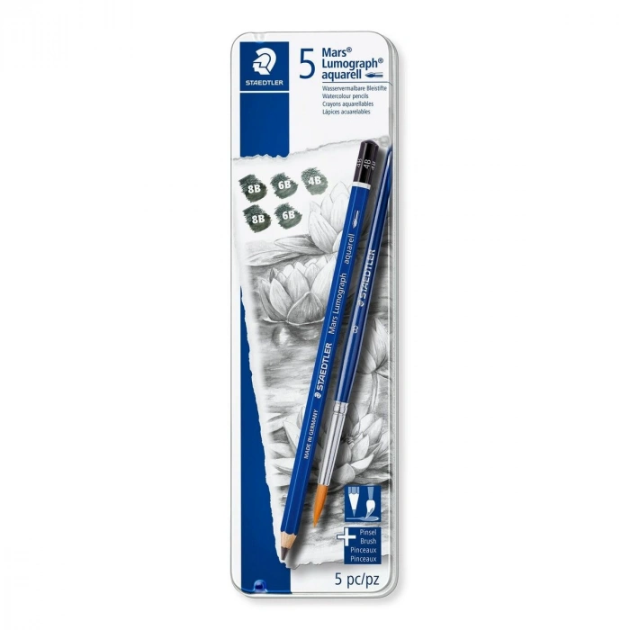 Staedtler Mars Lumograph Aquarell Dereceli Kalem Karakalem Eskiz Çizim Seti 5li + Fırça Metal Kutu