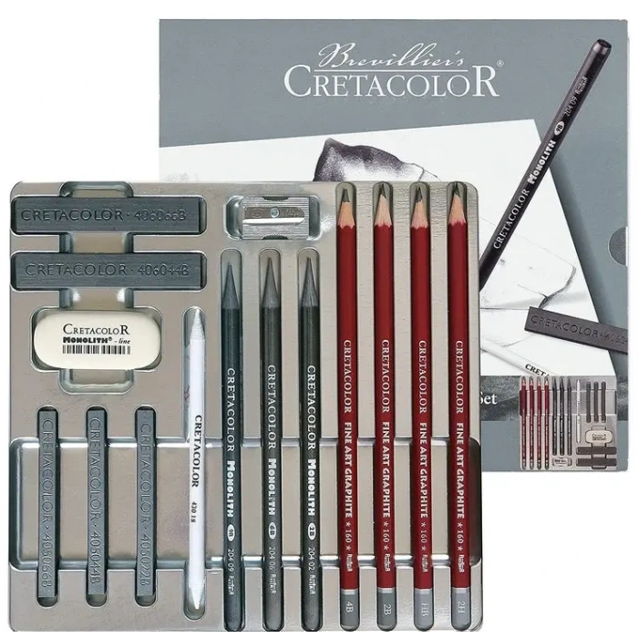 Cretacolor Silver Box Graphite Profesyonel Karakalem Eskiz Çizim Seti 15 Parça Metal Kutu
