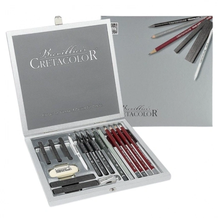 Cretacolor Silver Box Ahşap Kutulu Profesyonel Karakalem Eskiz Çizim Seti 17 Parça
