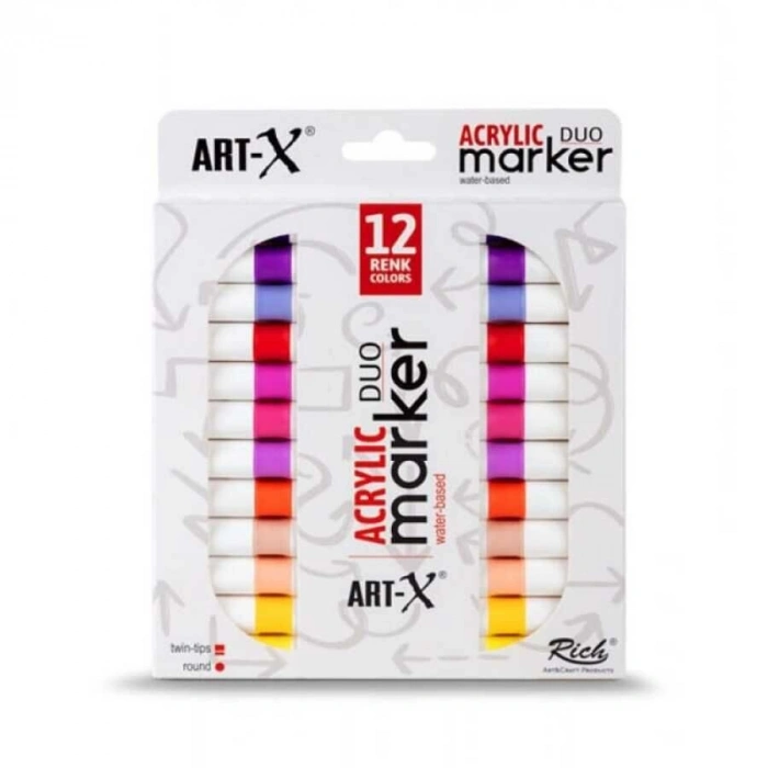 Rich Art-X Acrylic Duo Marker Çift Uçlu Su Bazlı Akrilik Boyama Markörü Seti 12 Renk Energy Series