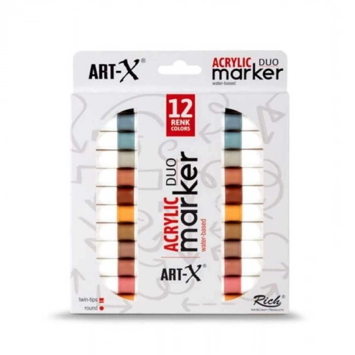 Rich Art-X Acrylic Duo Marker Çift Uçlu Su Bazlı Akrilik Boyama Markörü Seti 12 Renk Clay Series