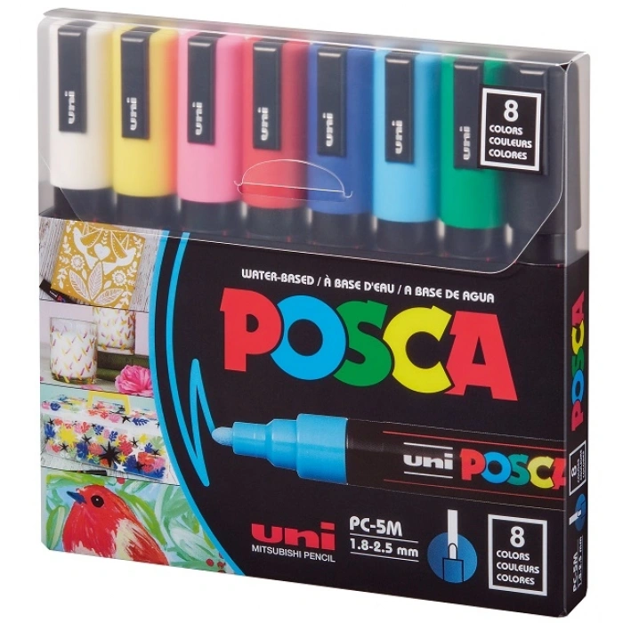 Uni Posca PC-5M 1.8-2.5 Su Bazlı Boyama Markörü Seti Ana Renkler 8 RENK