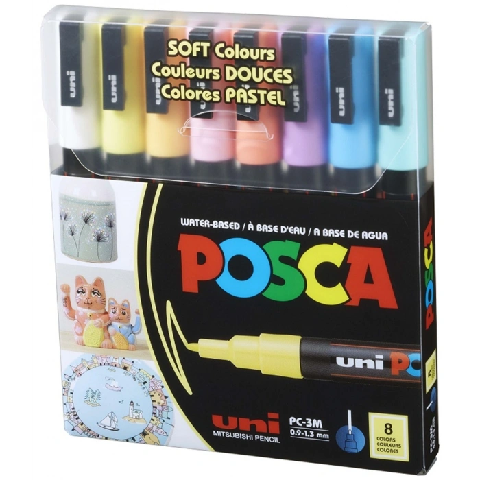 Uni Posca PC-3M 0.9-1.3 Su Bazlı Boyama Markörü Seti Pastel Renkler 8 RENK