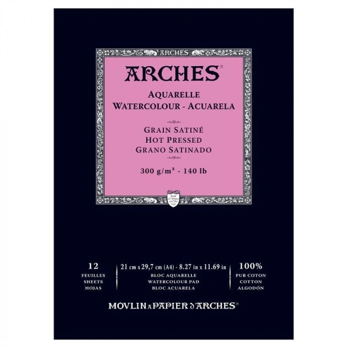 Arches Sulu Boya Defteri Blok Sıcak Baskı - Düz Doku 300 gr. 21x29 cm. 12 Yaprak