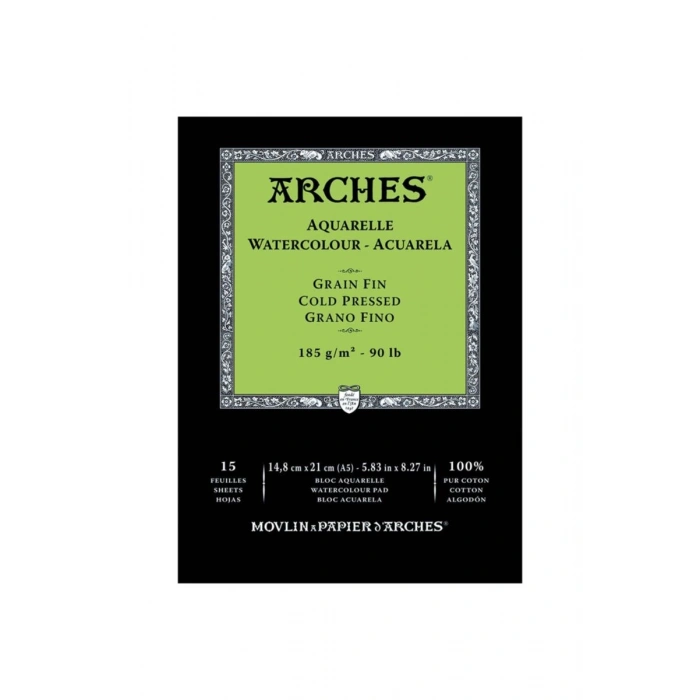 Arches Sulu Boya Defteri Blok Soğuk Baskı - Orta Doku 185 gr. 15x21 cm. 15 Yaprak