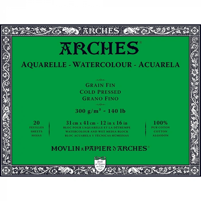 Arches Sulu Boya Defteri Blok Soğuk Baskı - Orta Doku 300 gr. 31x41 cm. 20 Yaprak
