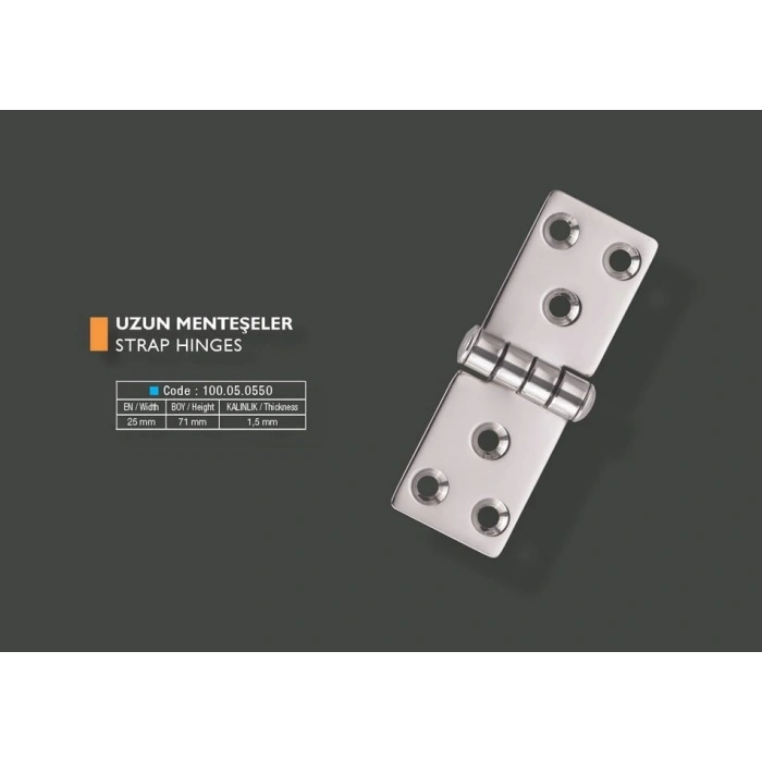 Armetal Sabit Kapak Tipi Menteşe Polisajlı 304 Kalite 24x71x1,5 mm (Kare - Kare)