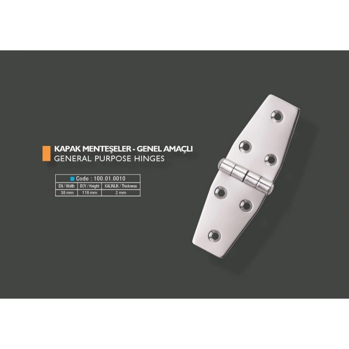 Armetal Sabit Kapak Tipi Menteşe Polisajlı 304 Kalite 38X118X2,0 Mm (Uzun Köşeli - Uzun Köşeli)