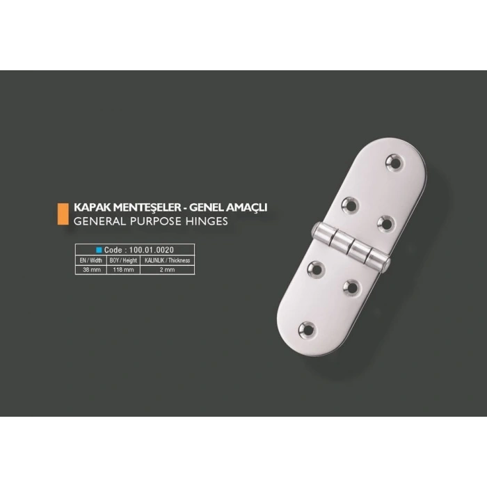 Armetal Sabit Kapak Tipi Menteşe Polisajlı 304 Kalite 38X118X2,0 Mm (Uzun Yuvarlak - Uzun Yuvarlak)