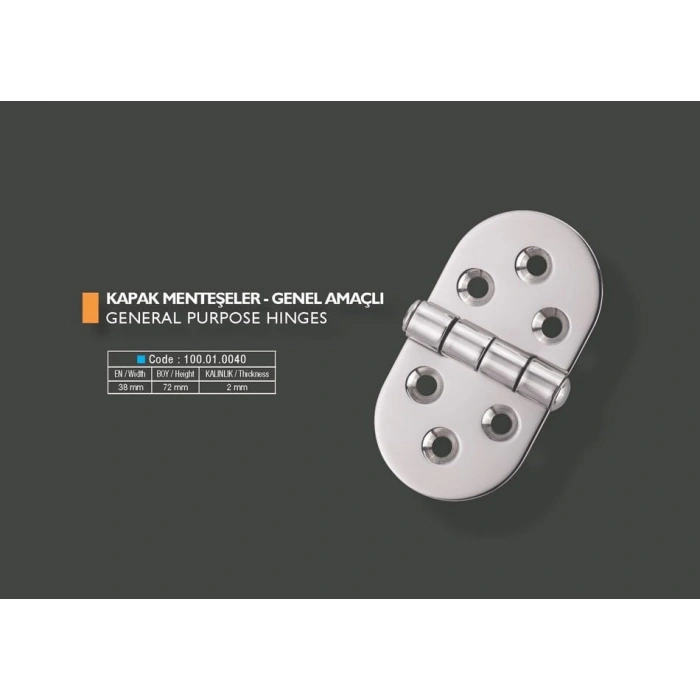 Armetal Sabit Kapak Tipi Menteşe Polisajlı 304 Kalite 38X72X2,0 Mm (Kısa Yuvarlak - Kısa Yuvarlak)