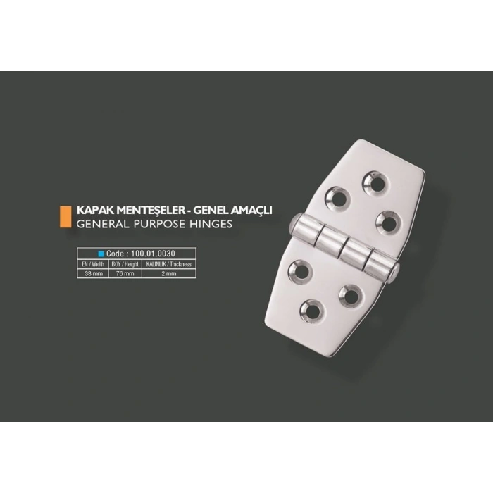 Armetal Sabit Kapak Tipi Menteşe Polisajlı 304 Kalite 38X76X2,0 Mm (Kısa Köşeli - Kısa Köşeli)