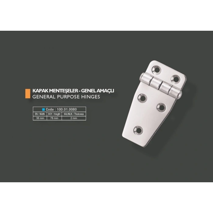 Armetal Sabit Kapak Tipi Menteşe Polisajlı 304 Kalite 38X78X2,0 Mm (Kısa Kare - Uzun Köşeli)