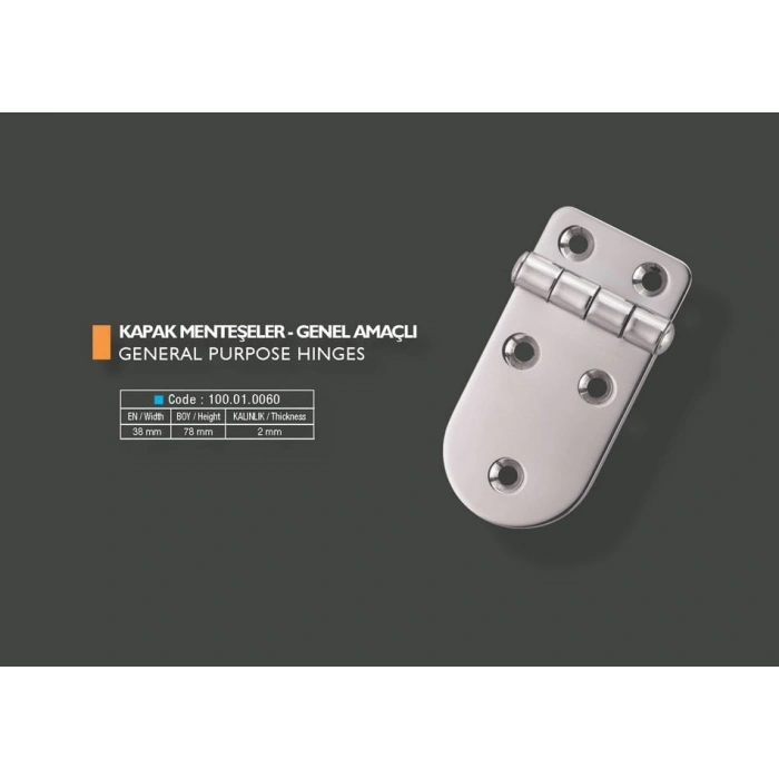 Armetal Sabit Kapak Tipi Menteşe Polisajlı 304 Kalite 38X78X2,0 Mm (Kısa Kare - Uzun Yuvarlak)