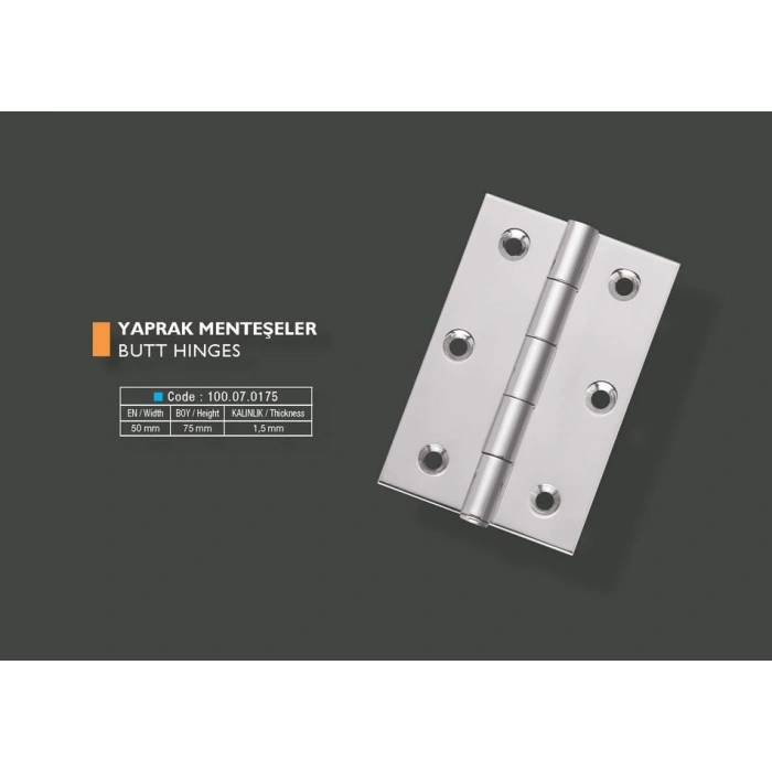 Armetal Yaprak Menteşe Polisajlı 304 Kalite 50X75X1,5 Mm