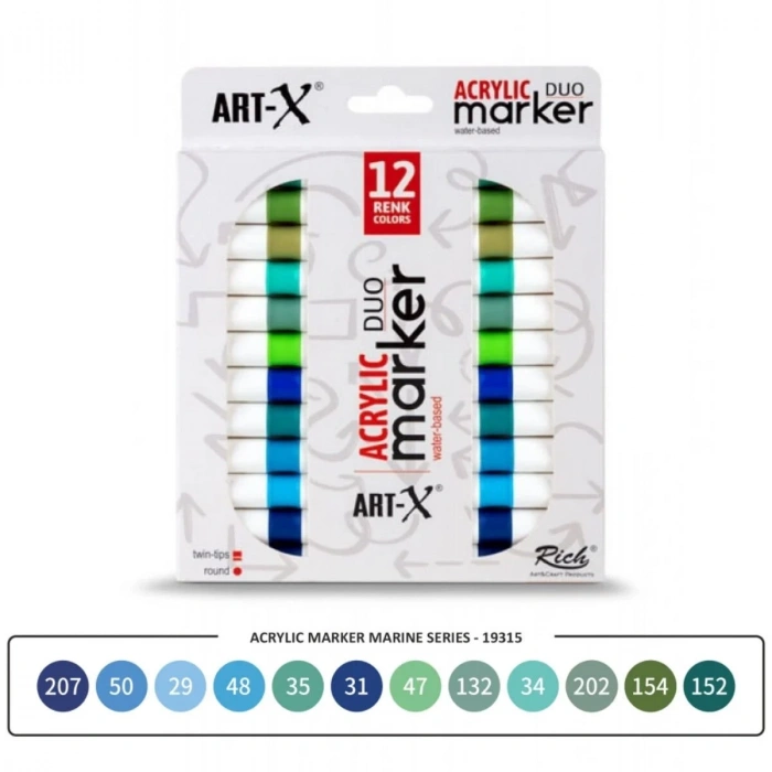 ART-X Çift Uçlu Akrilik Marker Kalem Seti 12li Marine