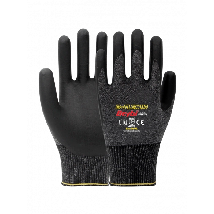 Beybi B-Flex110 Köpük Nitril Kaplı Likralı Örme Eldiven Siyah No 9