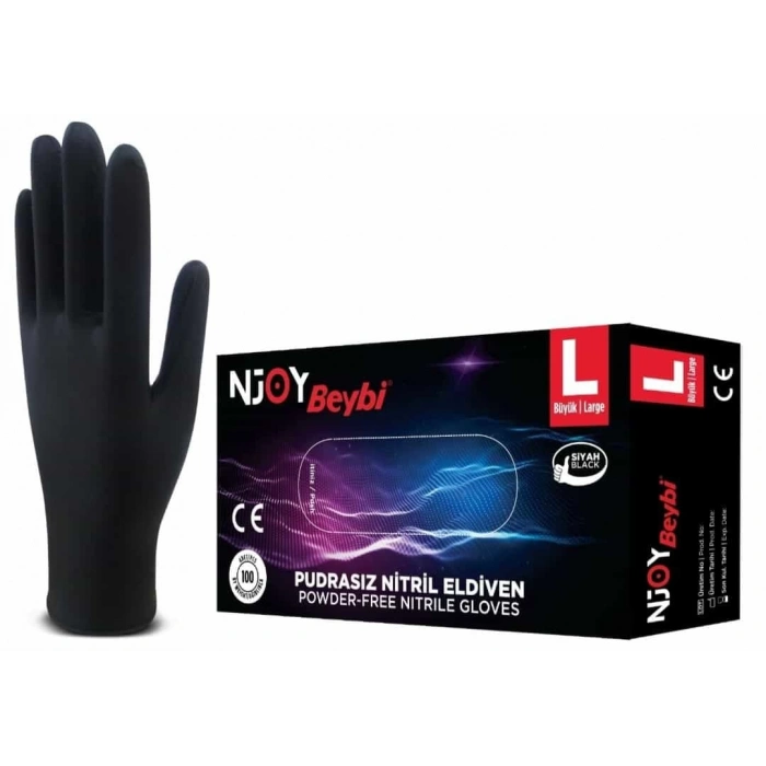 Beybi Njoy Siyah Nitril Medikal Muayene Eldiveni ( L ) 100 Adet