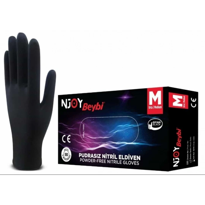 Beybi Njoy Siyah Nitril Medikal Muayene Eldiveni ( M ) 100 Adet