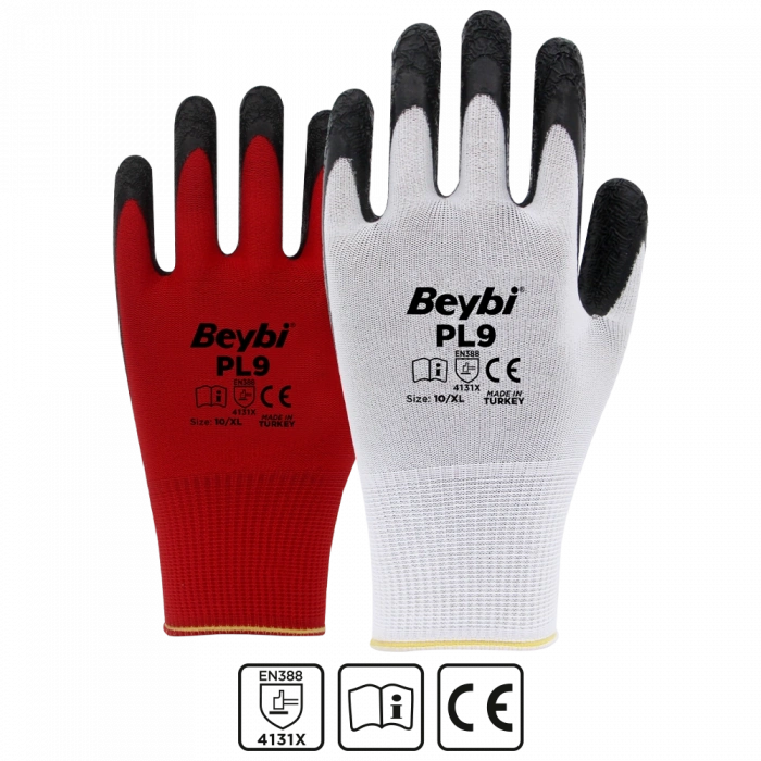 Beybi PL9 Desenli Lateks Kaplı Örgü Polyester Eldiven Kırmızı No 9