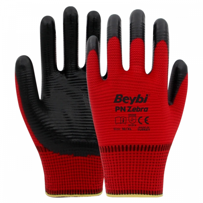 Beybi PN Zebra Yarı Nitril Kaplı Örgü Polyester Eldiven Siyah/Kırmızı No 10