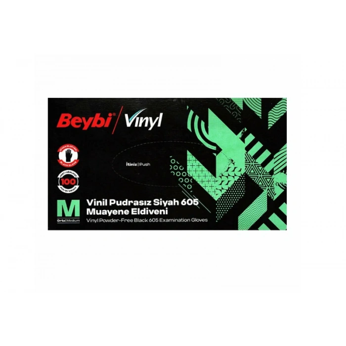 Beybi Vinil Siyah Muayene Eldiveni Pudrasız ( M ) 20 Kutu