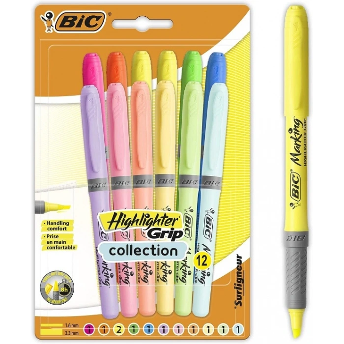 Bic Marking Highlighter Grip İşaretleme Kalemi Seti 12 Renk Pastel ve Neon