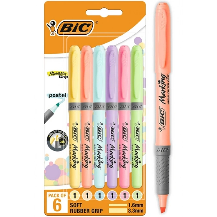 Bic Marking Highlighter Grip İşaretleme Kalemi Seti 6 Renk Pastel Renkler