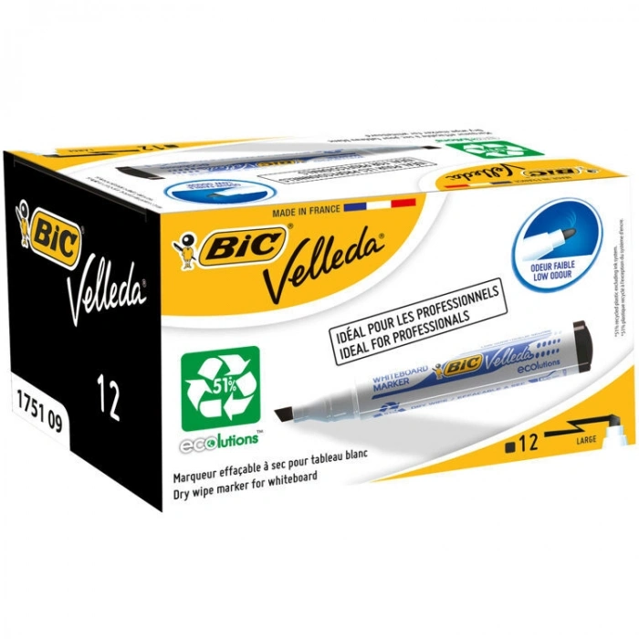 Bic Velleda 1751 Kesik Uç Beyaz Tahta Kalemi Siyah 12li Kutu