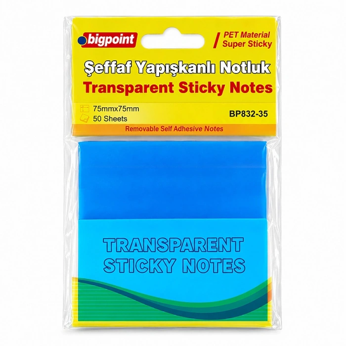 Bigpoint Yapışkanlı Şeffaf Not Kağıdı 75x75mm Mavi