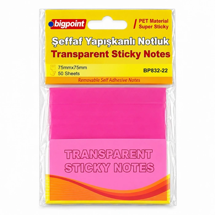 Bigpoint Yapışkanlı Şeffaf Not Kağıdı 75x75mm Pembe