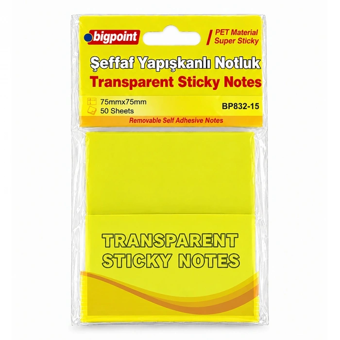 Bigpoint Yapışkanlı Şeffaf Not Kağıdı 75x75mm Sarı