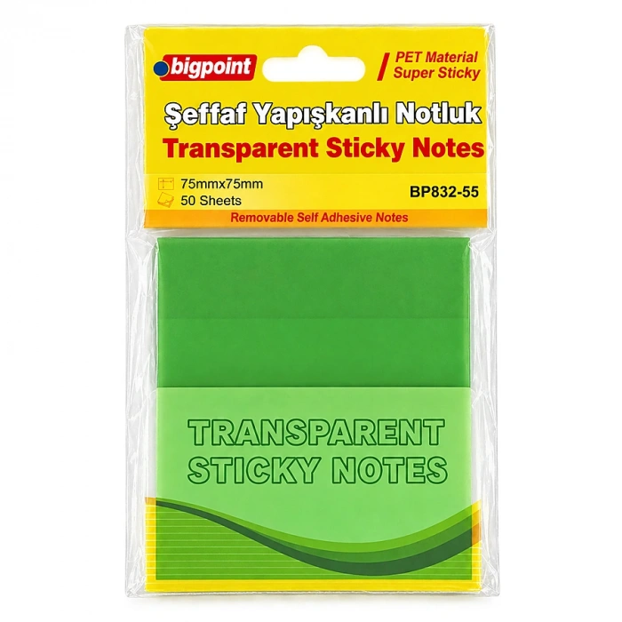 Bigpoint Yapışkanlı Şeffaf Not Kağıdı 75x75mm Yeşil