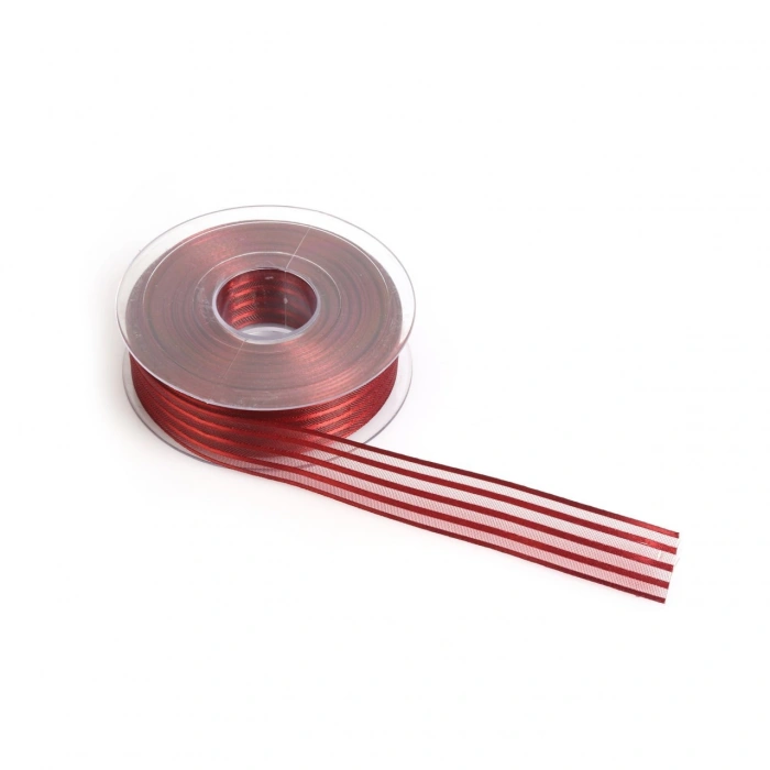 Bordo Saten Çizgili Şifon Kurdele