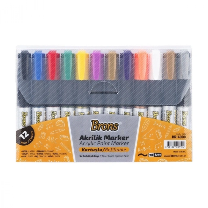 Brons Akrilik Marker Kalem Kartuşlu 12li Set