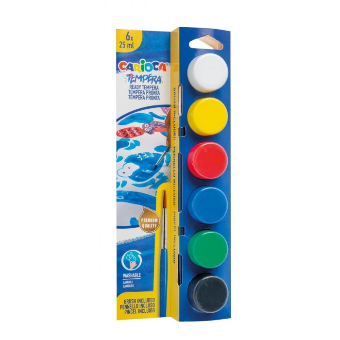 Carioca Tempera Yıkanabilir Poster Boya 25 ml. x 6 Renk Fırçalı Set