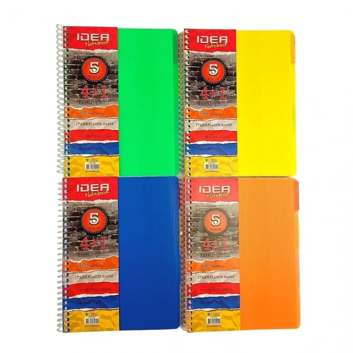 Çınar PP Kapak Spiralli Okul Defteri Idea 4+1 Separatörlü 17x24cm 150yp (4 Kareli ve 1 Çizgili)