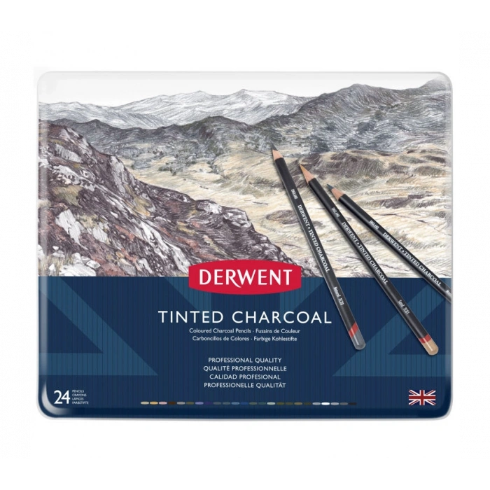 Derwent Tinted Charcoal Mürekkep Bazlı Kömür Kalem Seti Metal Kutu 24 Renk
