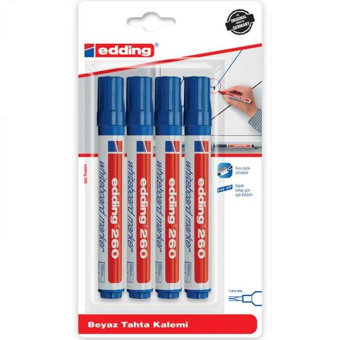 Edding 260 Whiteboard Marker Yazı Tahtası Kalemi Seti 4lü Mavi