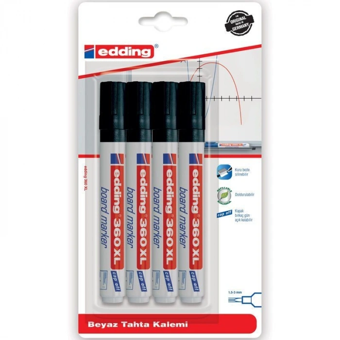 Edding 360 XL Whiteboard Marker Doldurulabilir Yazı Tahtası Kalemi Seti 4lü Siyah