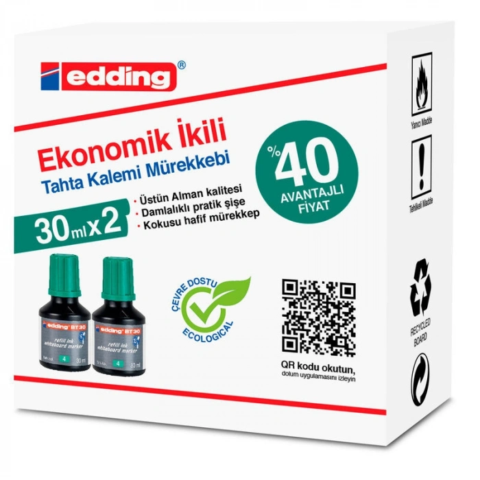 Edding BT30 Yazı Tahtası Kalemi Mürekkebi 30 ml. x 2li Kutu YEŞİL