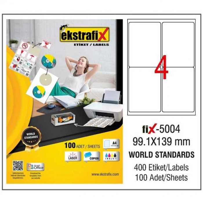 Ekstrafix Laser Etiket 100 YP 99.1x139 Laser-Copy-Inkjet FİX-5004