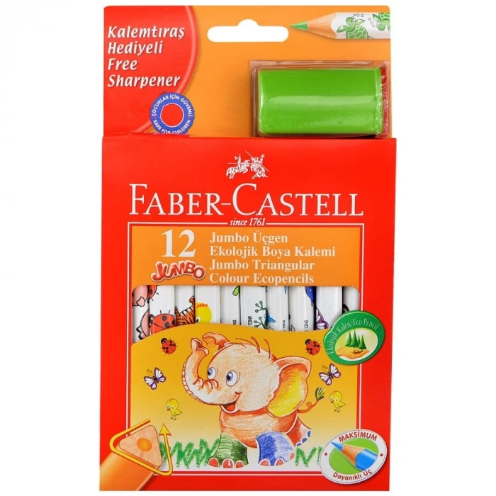 Faber Castell Jumbo Üçgen Beyaz Gövde Boya Kalemi 12 Renk Yarım Boy