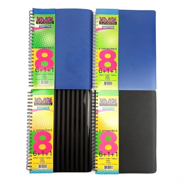 Gıpta PP Kapak Spiralli Okul Defteri River 6+1+1 Separatörlü 180yp (120yp Kareli, 30yp Çizgili ve 30yp Çizgisiz)