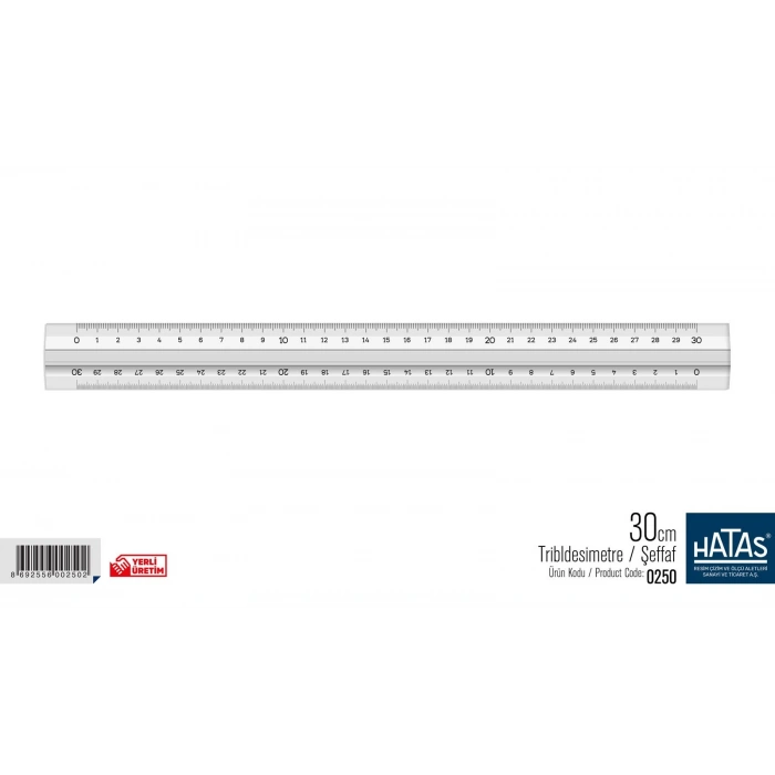 Hatas Tribldesimetre Şeffaf Üçgen Çift Tarafı Santimetre Ölçekli Cetvel 30cm 0250