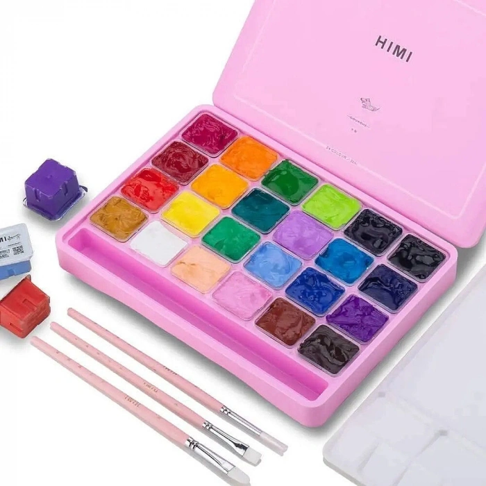 HIMI Jelly Cup Gouache Set Guaj Boya Seti 24 Renk x 30 gr. + 3 Fırça (Pink Case)