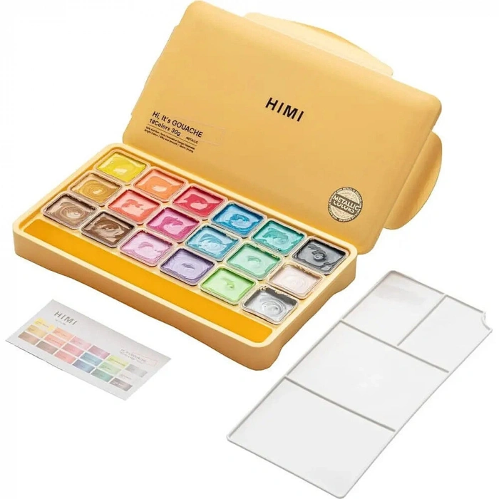 HIMI Jelly Cup Gouache Set Metalik Renk Guaj Boya Seti 18 Renk x 30 gr. (Yellow Case)