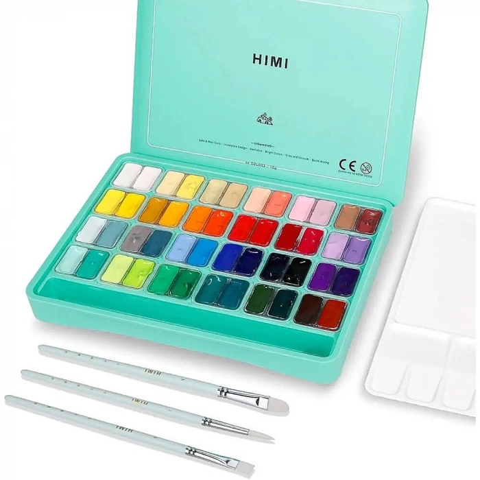 HIMI Twin Cup Gouache Set Guaj Boya Seti 48 Renk x 12 gr. + 3 Fırça (Green Case)