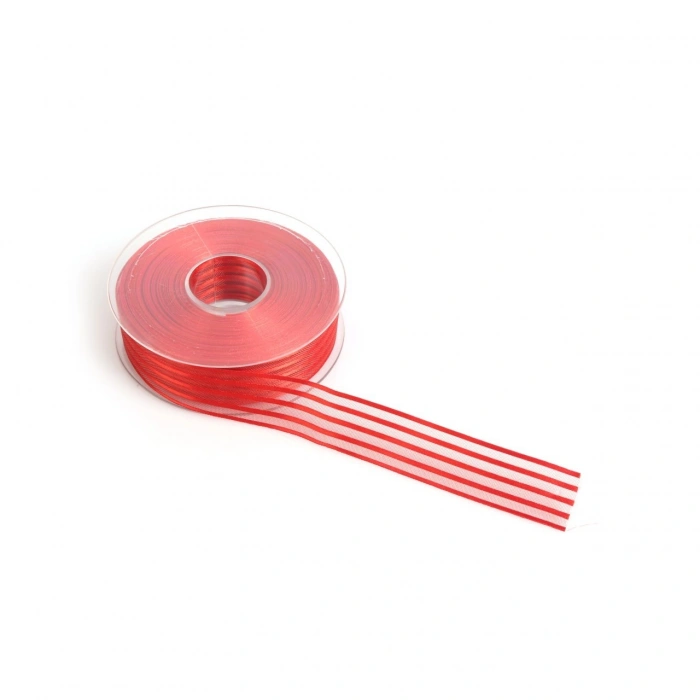 Kırmızı Saten Çizgili Şifon Kurdele