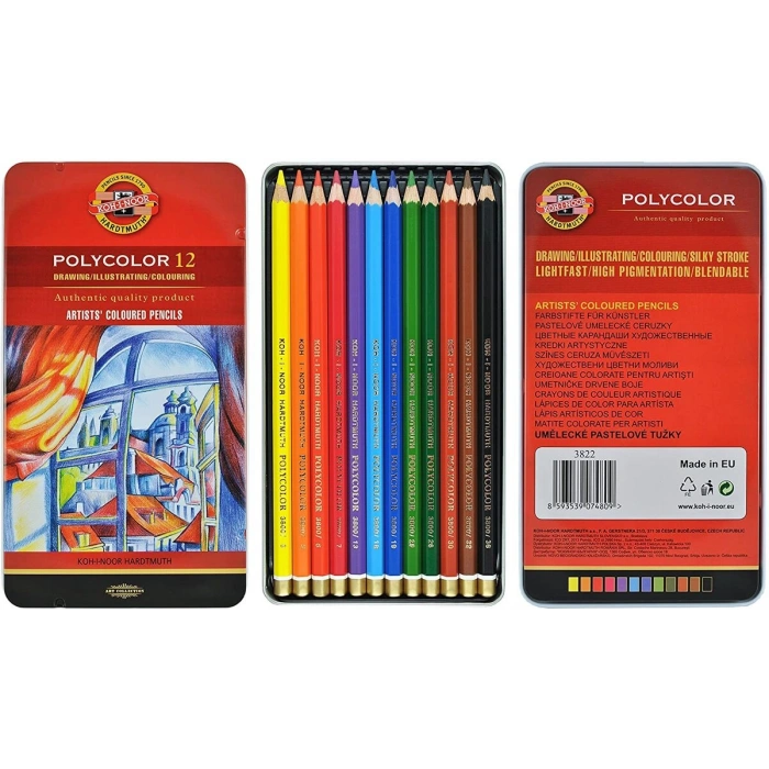 Koh-i Noor Polycolor Artist Kuru Boya Kalemi Seti 12 Renk Metal Kutu
